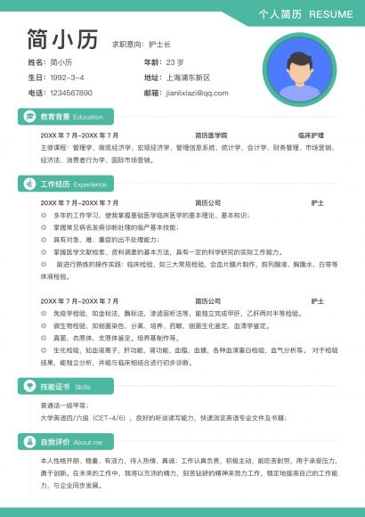 清新简历医护护士长求职简历免费下载