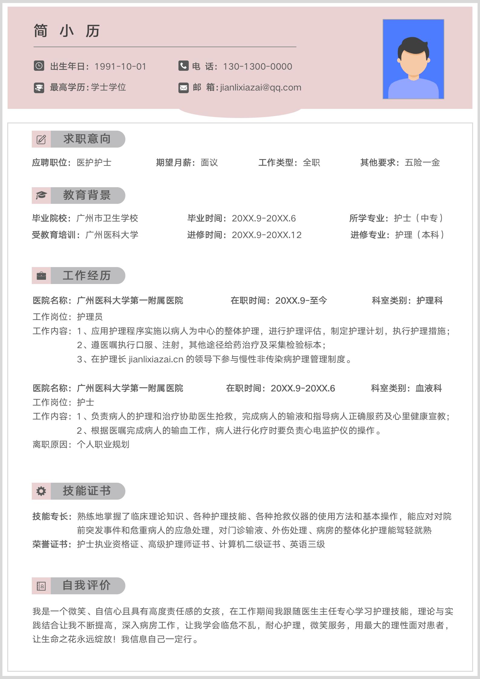 粉色温馨护士医疗简历模板模板