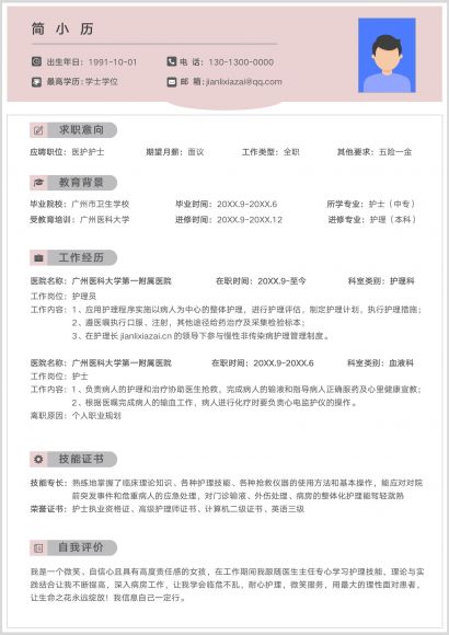 粉色温馨护士医疗简历模板