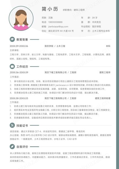 绿色简约大气土建建筑工程师简历