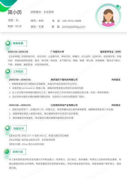 绿色简约清新内科医生主任医师简历免费下载