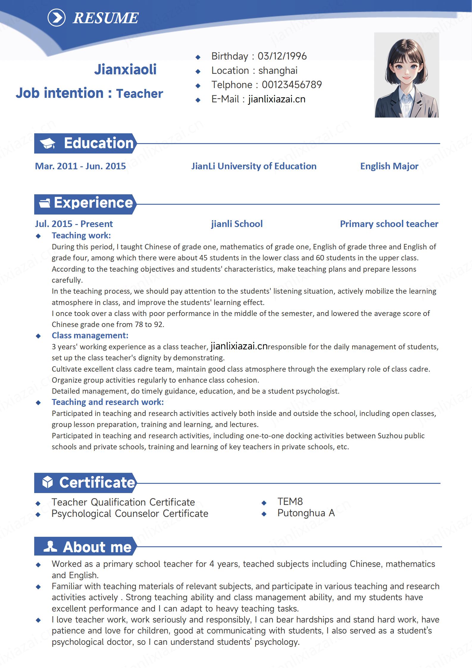 英文版老师教师面试应聘简历模板