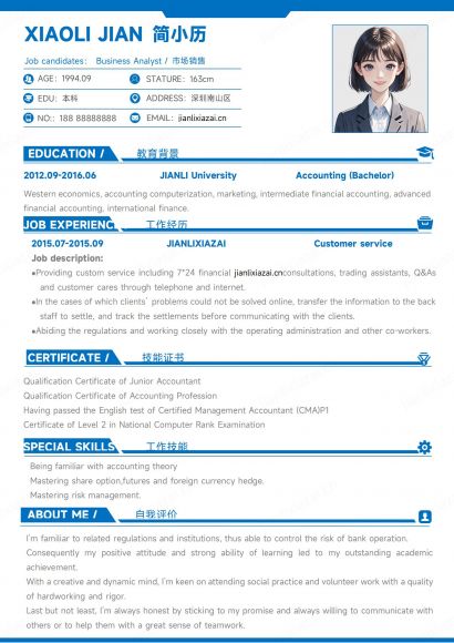 市场销售白底蓝字英文版简历